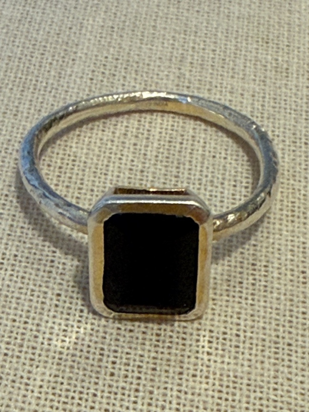 Brushed Silver Ring with Black Square Stone